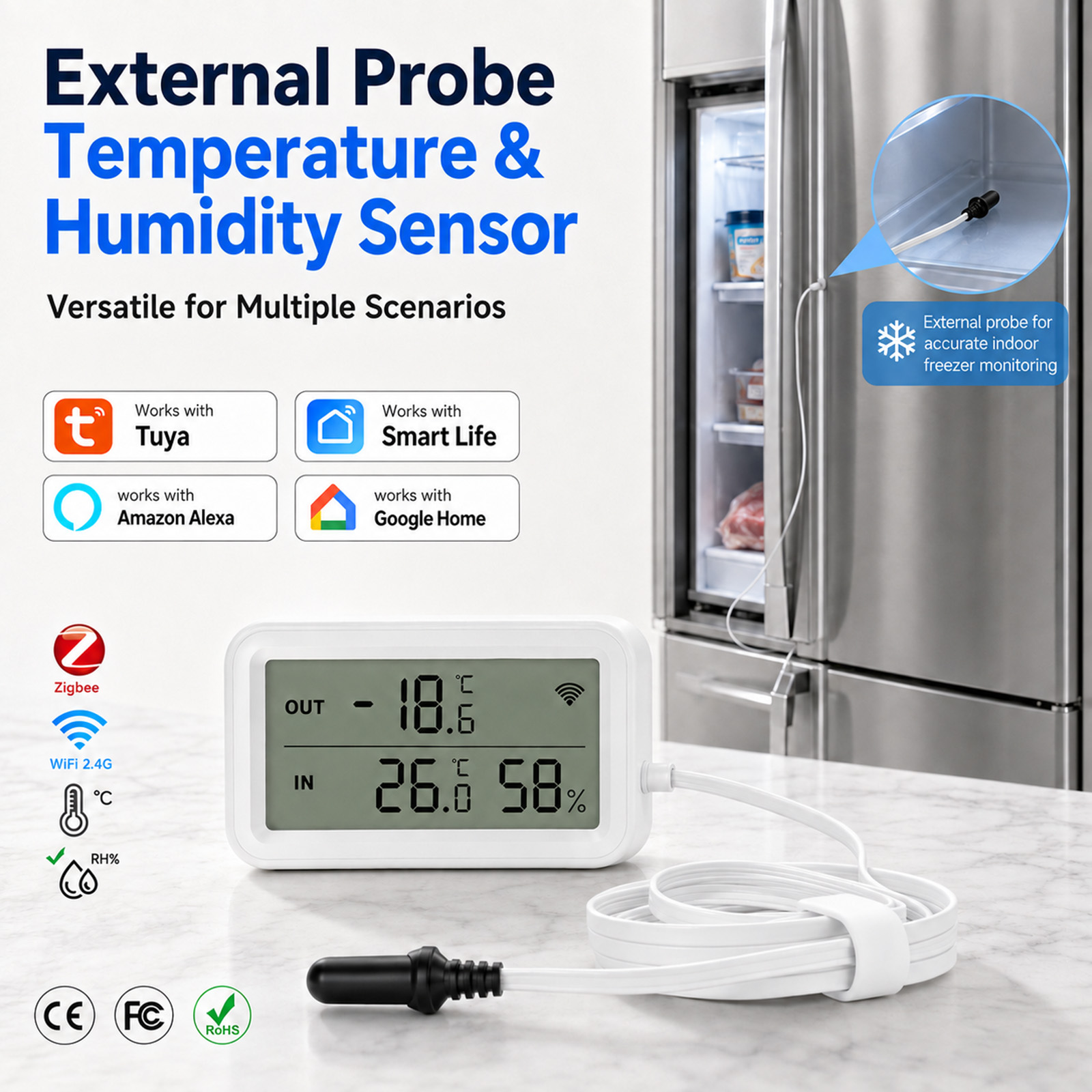 Digital Hygrometer Probe - Externe waterdichte temperatuur- en vochtigheidssensor Tuya